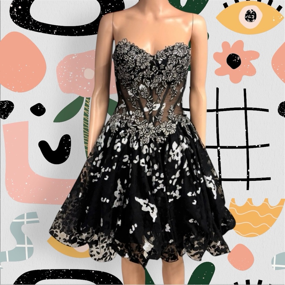 Lime by Rivas | Vintage Y2K Black Silver Floral Lace Leopard Print Prom Dress